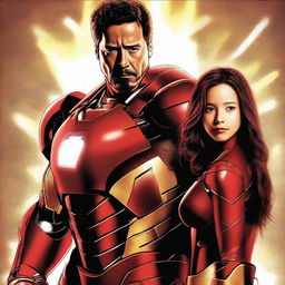 Create a movie poster featuring Ironman protecting a fifteen-year-old girl with brown hair and brown eyes