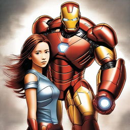 Create a movie poster featuring Ironman protecting a fifteen-year-old girl with brown hair and brown eyes