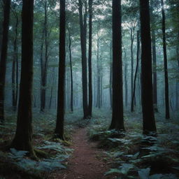 A dense forest illuminated by a mysterious bluish light filtering through the canopy