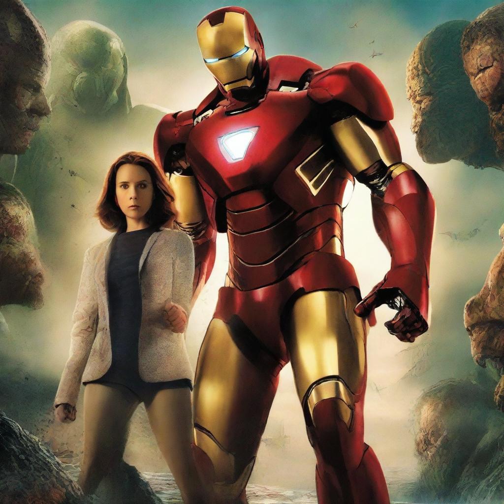 A dramatic Ironman movie poster featuring Ironman standing back-to-back with an evil Hydra leader