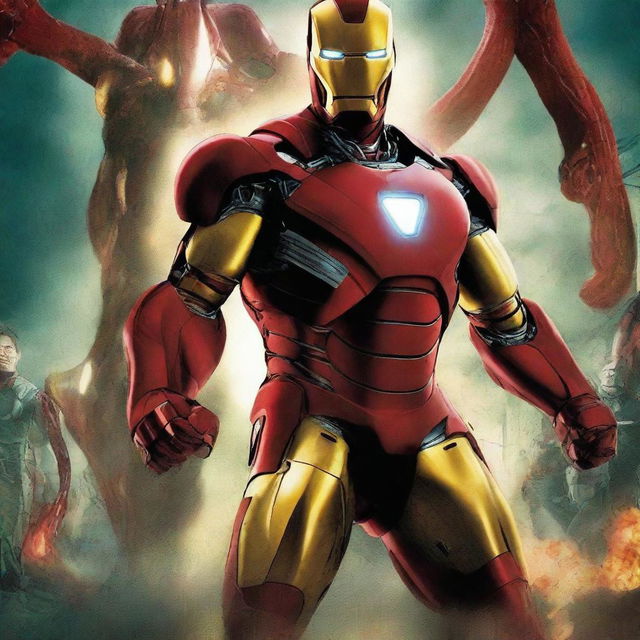 A dramatic Ironman movie poster featuring Ironman standing back-to-back with an evil Hydra leader