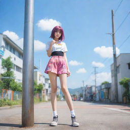 Anime style girl standing next to a metal pole in a bright, colorful setting