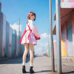 Anime style girl standing next to a metal pole in a bright, colorful setting