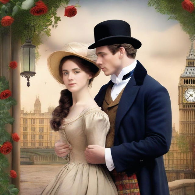 Create a book cover titled 'The Love of London' featuring two characters, Charles and Rose, in a romantic setting in London during the 1800s