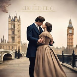 Create a book cover titled 'The Love of London' featuring two characters, Charles and Rose, in a romantic setting in London during the 1800s