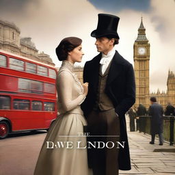 Create a book cover titled 'The Love of London' featuring two characters, Charles and Rose, in a romantic setting in London during the 1800s