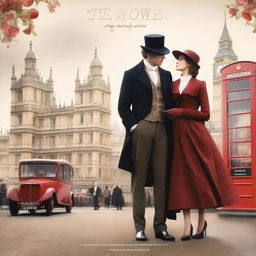 Create a book cover titled 'The Love of London' featuring two characters, Charles and Rose, in a romantic setting in London during the 1800s