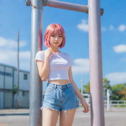 Anime style girl standing next to a metal pole in a bright, colorful setting