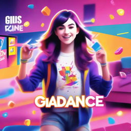 A vibrant and energetic scene of a female gamer playing Just Dance on a Nintendo Switch