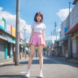 Anime style girl standing next to a metal pole in a bright, colorful setting