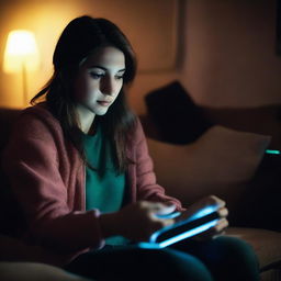 A scene of a female gamer playing on a Nintendo Switch in a dark room