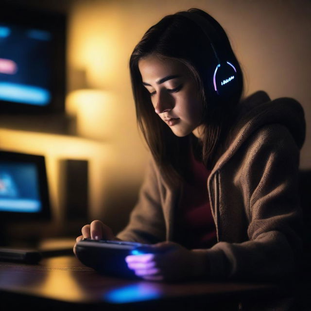 A scene of a female gamer playing on a Nintendo Switch in a dark room