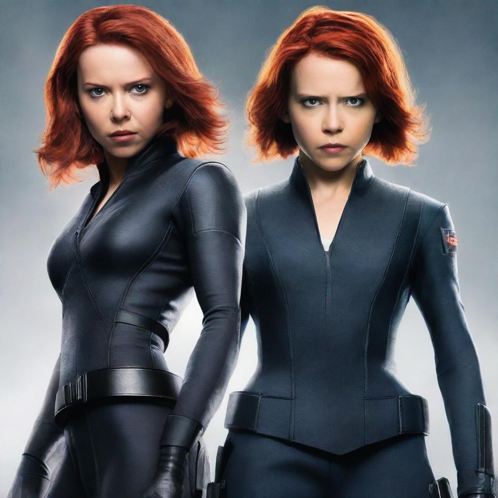 Create a movie poster for 'Black Widow 2' featuring Black Widow and Yelena Belova protecting a fourteen-year-old girl with short brown hair and brown eyes