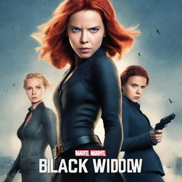 Create a movie poster for 'Black Widow 2' featuring Black Widow and Yelena Belova protecting a fourteen-year-old girl with short brown hair and brown eyes