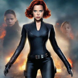 Create a movie poster for 'Black Widow 2' featuring Black Widow and Yelena Belova protecting a fourteen-year-old girl with short brown hair and brown eyes