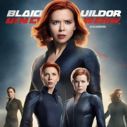 Create a movie poster for 'Black Widow 2' featuring Black Widow and Yelena Belova protecting a fourteen-year-old girl with short brown hair and brown eyes