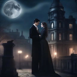 A dark romance scene featuring two characters in a gothic setting