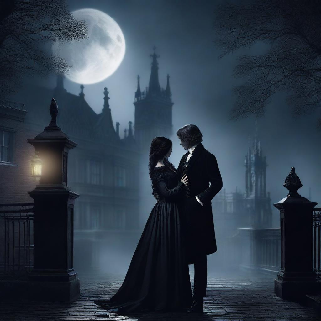 A dark romance scene featuring two characters in a gothic setting