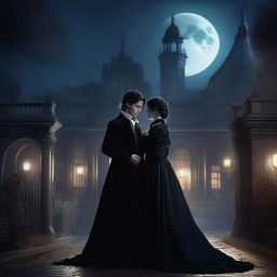 A dark romance scene featuring two characters in a gothic setting