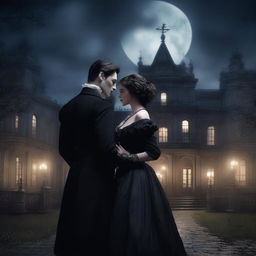 A dark romance scene featuring two characters in a gothic setting