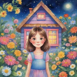 Illustrate a cute girl whose eyes shine like stars on a clear night. She lives in a colorful little house with a straw roof, surrounded by a garden full of flowers of all colors.