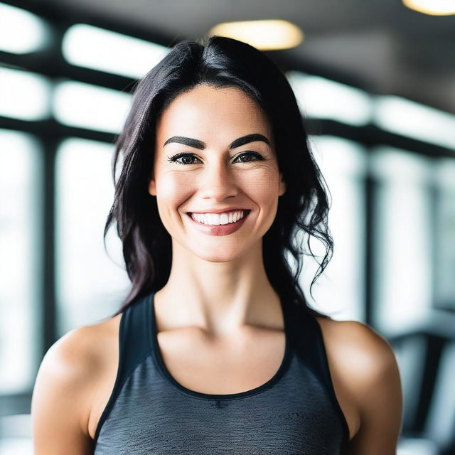 A white girl with black hair and a beautiful smile, wearing gym clothes