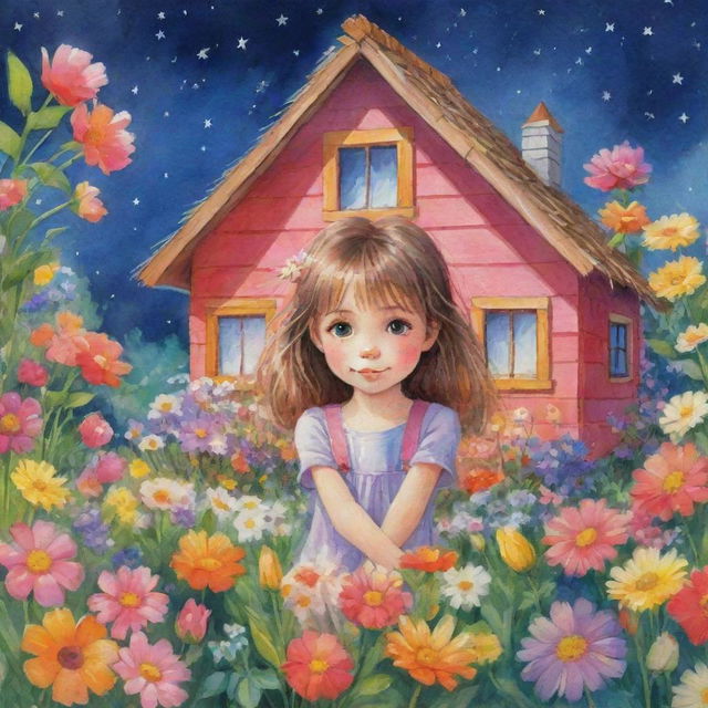 Illustrate a cute girl whose eyes shine like stars on a clear night. She lives in a colorful little house with a straw roof, surrounded by a garden full of flowers of all colors.