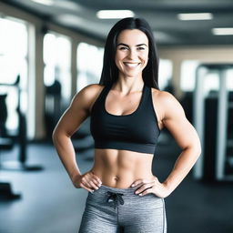 A white girl with black hair and a beautiful smile, wearing gym clothes