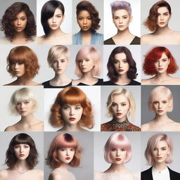 A variety of hairstyles showcasing different lengths, textures, and colors