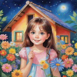 Illustrate a cute girl whose eyes shine like stars on a clear night. She lives in a colorful little house with a straw roof, surrounded by a garden full of flowers of all colors.