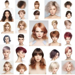 A variety of hairstyles showcasing different lengths, textures, and colors