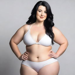 A curvy white girl with black hair, showcasing her figure