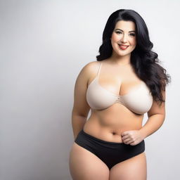 A curvy white girl with black hair, showcasing her figure