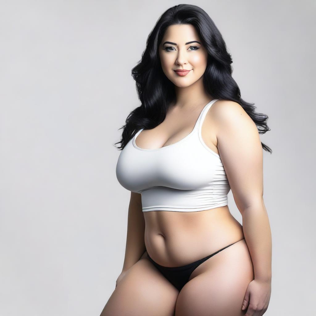 A curvy white girl with black hair, showcasing her figure