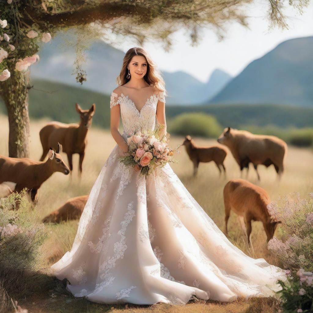 A beautiful outdoor wedding scene featuring a bride with light brown hair