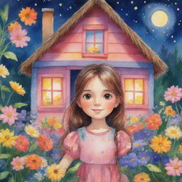 Illustrate a cute girl whose eyes shine like stars on a clear night. She lives in a colorful little house with a straw roof, surrounded by a garden full of flowers of all colors.