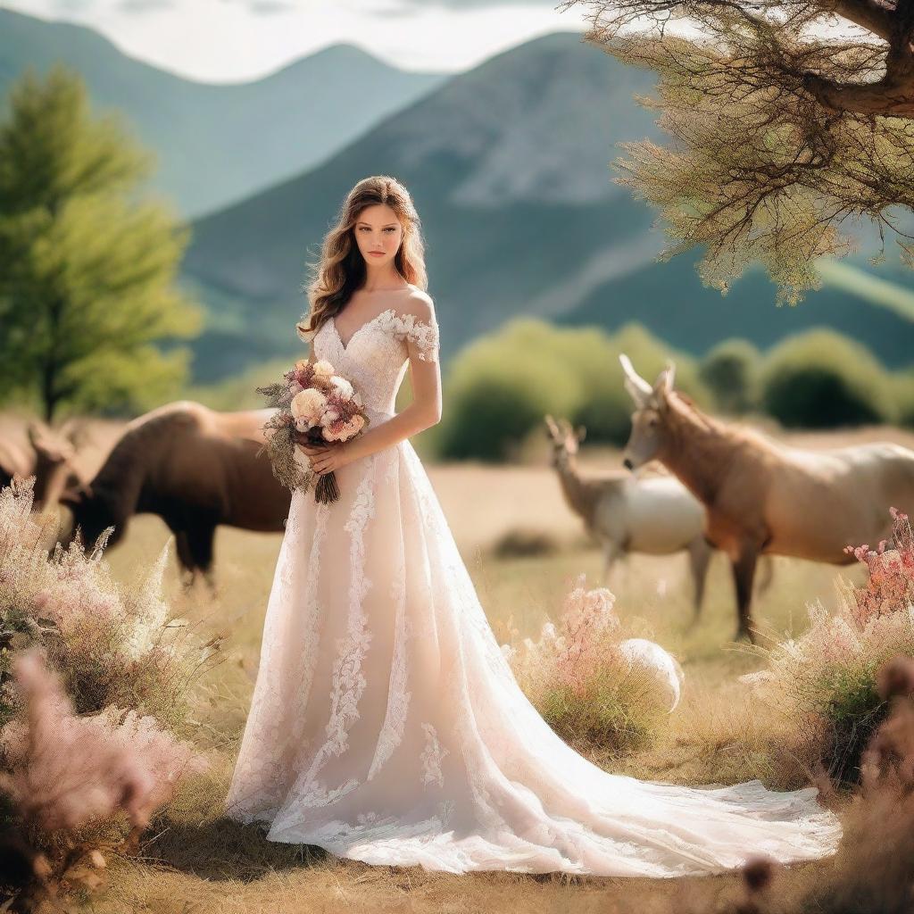 A beautiful outdoor wedding scene featuring a bride with light brown hair