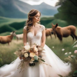 A beautiful outdoor wedding scene featuring a bride with light brown hair