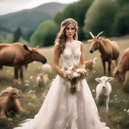 A beautiful outdoor wedding scene featuring a bride with light brown hair