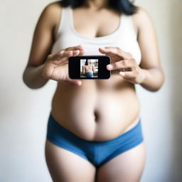 A selfie image focusing on the belly area, showing a person taking a photo of their stomach