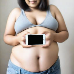 A selfie image focusing on the belly area, showing a person taking a photo of their stomach