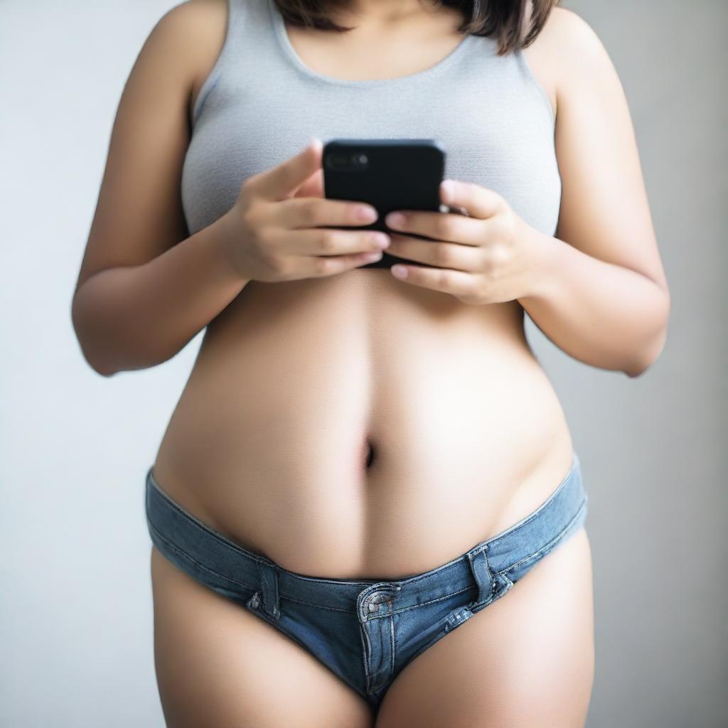 A selfie image focusing on the belly area, showing a person taking a photo of their stomach