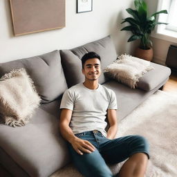 A selfie image taken on a couch, focusing on the body without showing the face