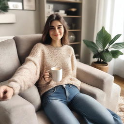 A selfie image taken on a couch, focusing on the body without showing the face