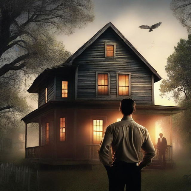 Create a book cover featuring an elegant but worn-out house with lights on inside