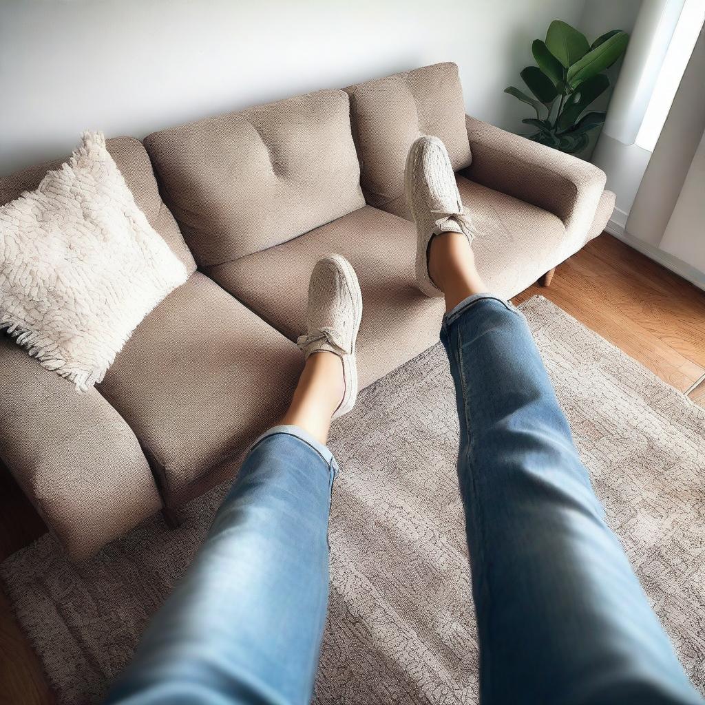 A realistic selfie image taken on a couch, focusing on the legs and lower body without showing the face