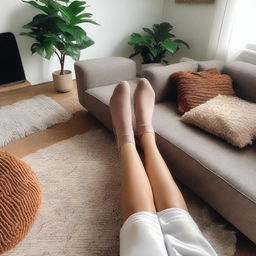 A realistic selfie image taken on a couch, focusing on the legs and lower body without showing the face