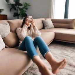 A realistic selfie image taken on a couch, focusing on the legs and lower body without showing the face