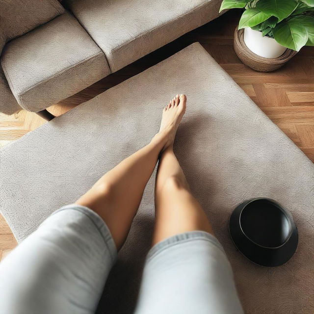 A realistic selfie image taken on a couch, focusing on the legs and lower body without showing the face