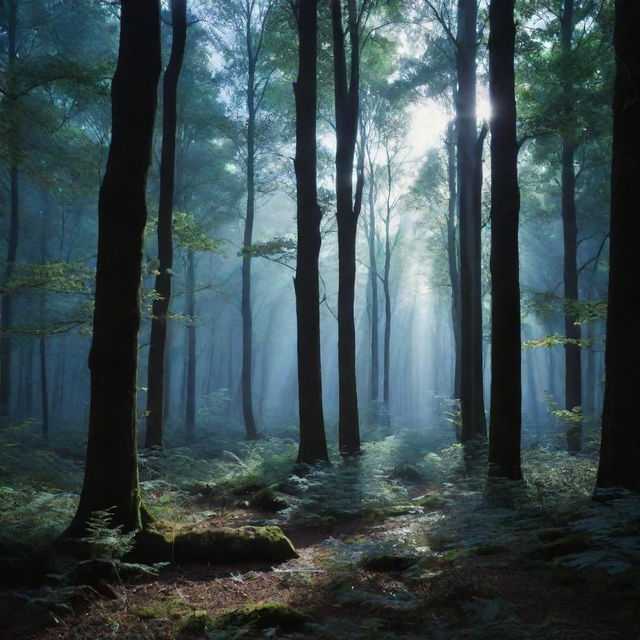 An animated-style dense forest background, illuminated by a captivating bluish light streaming through the tree canopy